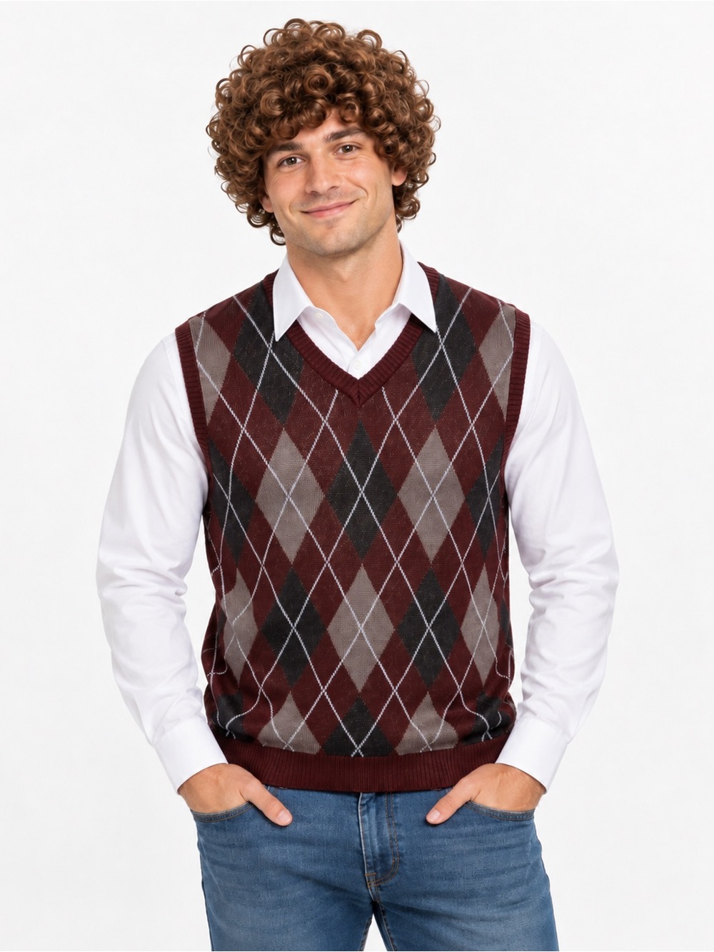 Step Brothers Argyle Sweater Vest & Curly Wig Costume One Size Spirit